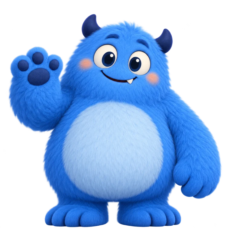 Farhand, a big blue cuddly monster, waving hello
